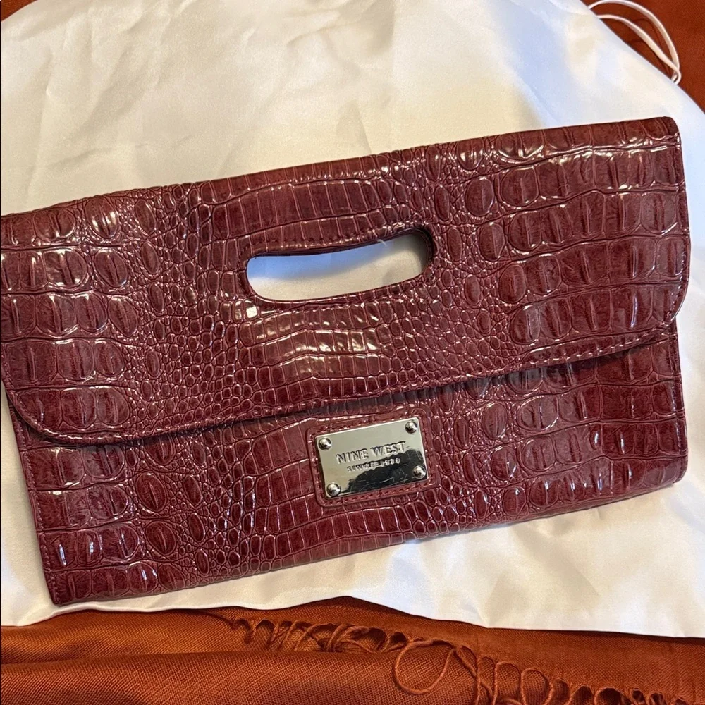 Nine West Maroon Croc Embossed Vegan Patent Leather Clutch